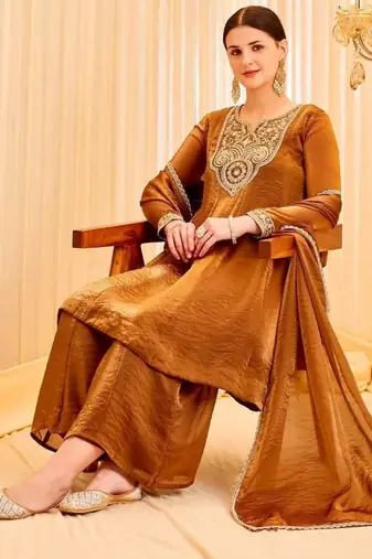 Brown silk blend embroidered palazzo set