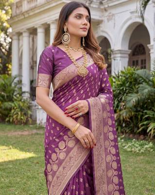 WINE ART SILK BANARASI JACUARD WORK SAREE WITH UNSTITCHED BLOUSE PIECE 4