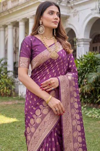 WINE ART SILK BANARASI JACUARD WORK SAREE WITH UNSTITCHED BLOUSE PIECE
