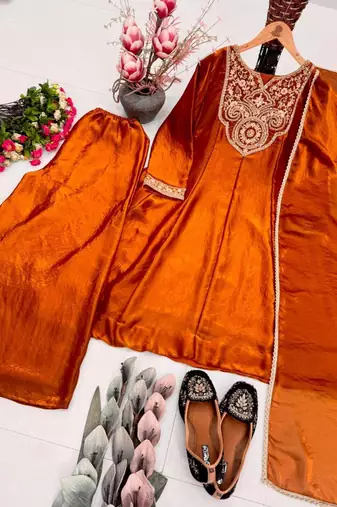 Brown silk blend embroidered palazzo set