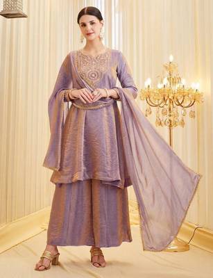 Lavender silk blend embroidered palazzo set 1