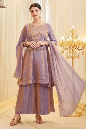 Lavender silk blend embroidered palazzo set
