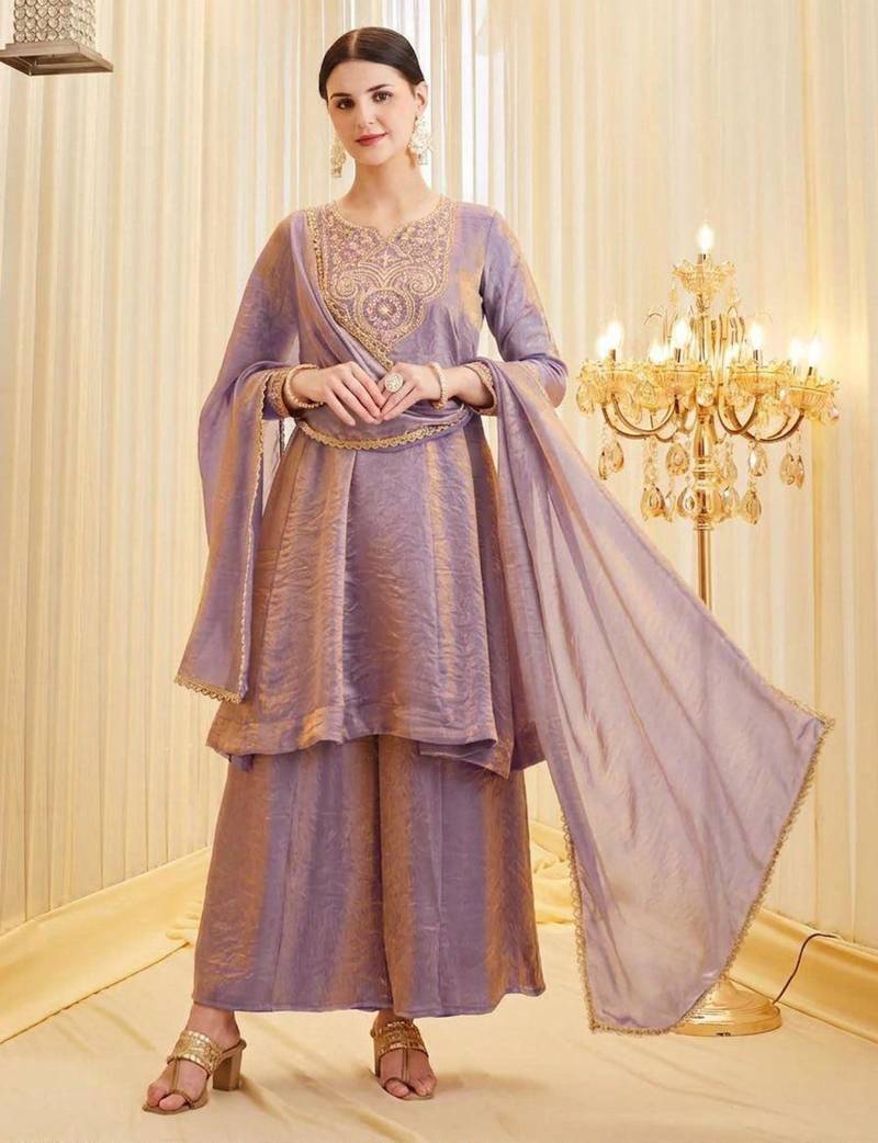 Lavender silk blend embroidered palazzo set