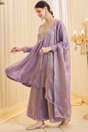 Lavender silk blend embroidered palazzo set