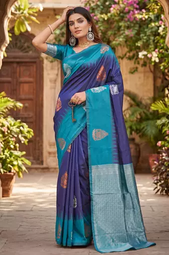 BLUE RAMA ART SILK JACUARD WORK SAREE WITH UNSTITCHED BLOUSE PIECE