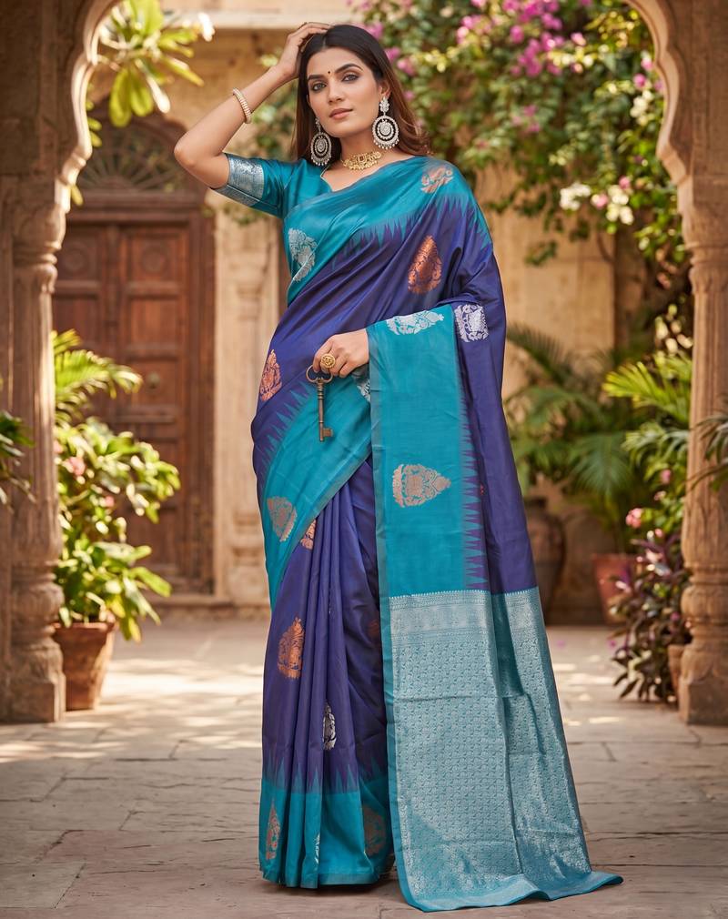 BLUE RAMA ART SILK JACUARD WORK SAREE WITH UNSTITCHED BLOUSE PIECE