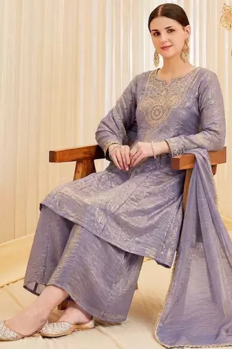 Lavender silk blend embroidered palazzo set