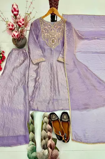 Lavender silk blend embroidered palazzo set