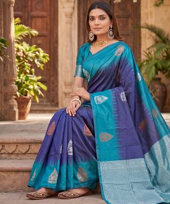 BLUE RAMA ART SILK JACUARD WORK SAREE WITH UNSTITCHED BLOUSE PIECE 2