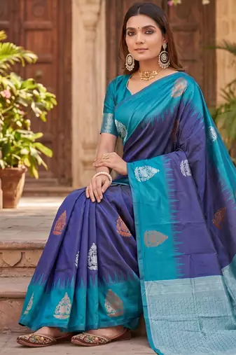 BLUE RAMA ART SILK JACUARD WORK SAREE WITH UNSTITCHED BLOUSE PIECE