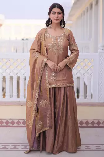 Champagne silk blend embroidered sharara set