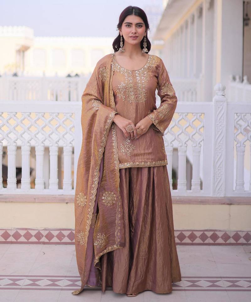 Champagne silk blend embroidered sharara set