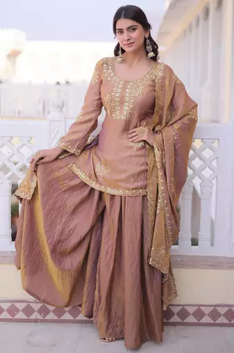 Champagne silk blend embroidered sharara set