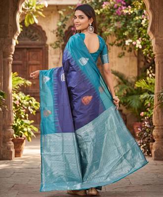 BLUE RAMA ART SILK JACUARD WORK SAREE WITH UNSTITCHED BLOUSE PIECE 3