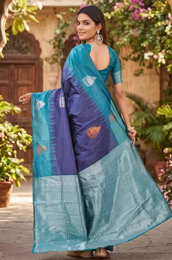 BLUE RAMA ART SILK JACUARD WORK SAREE WITH UNSTITCHED BLOUSE PIECE