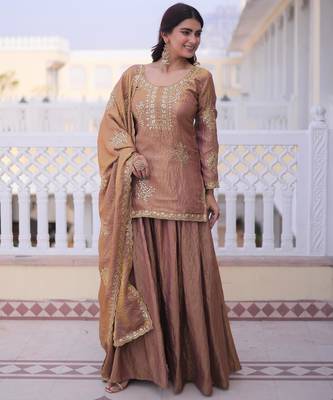 Champagne silk blend embroidered sharara set 3