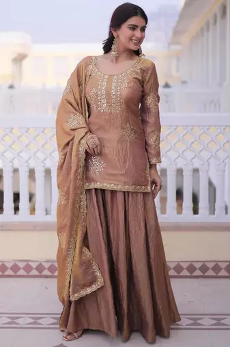 Champagne silk blend embroidered sharara set