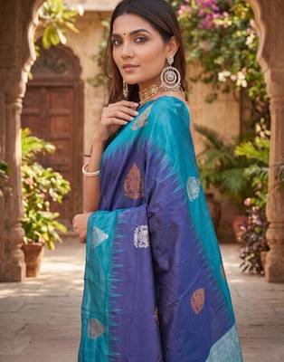BLUE RAMA ART SILK JACUARD WORK SAREE WITH UNSTITCHED BLOUSE PIECE 4