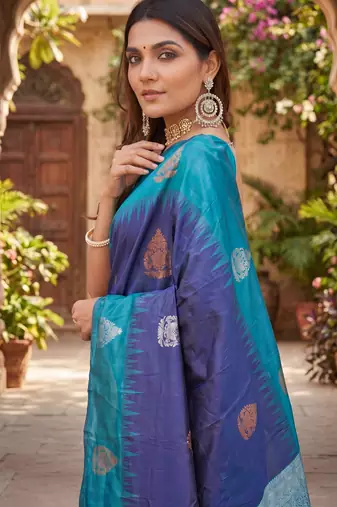 BLUE RAMA ART SILK JACUARD WORK SAREE WITH UNSTITCHED BLOUSE PIECE
