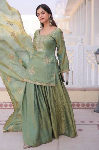 Green silk blend embroidered sharara set