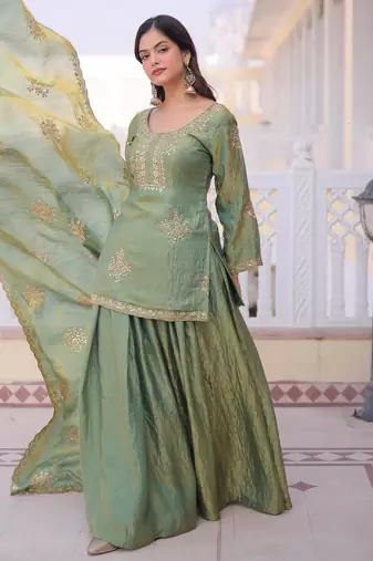 Green silk blend embroidered sharara set