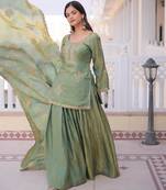 Green silk blend embroidered sharara set