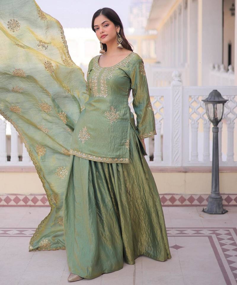 Green silk blend embroidered sharara set