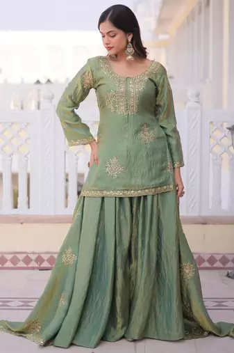 Green silk blend embroidered sharara set