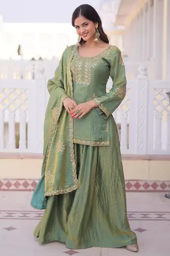 Green silk blend embroidered sharara set