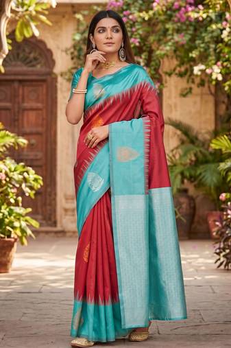 RAMA RED ART SILK JACUARD WORK SAREE WITH UNSTITCHED BLOUSE PIECE