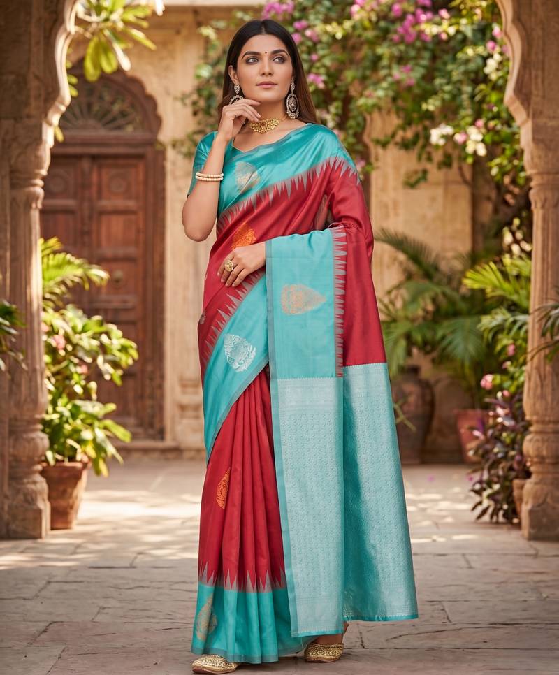 RAMA RED ART SILK JACUARD WORK SAREE WITH UNSTITCHED BLOUSE PIECE