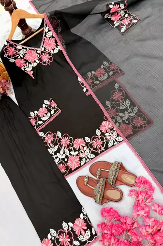 Black rayon embroidered palazzo set