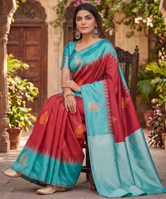 RAMA RED ART SILK JACUARD WORK SAREE WITH UNSTITCHED BLOUSE PIECE 2