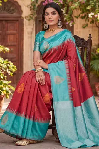 RAMA RED ART SILK JACUARD WORK SAREE WITH UNSTITCHED BLOUSE PIECE