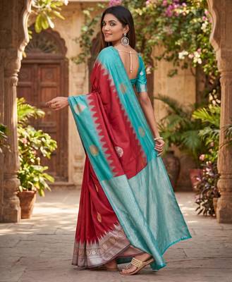 RAMA RED ART SILK JACUARD WORK SAREE WITH UNSTITCHED BLOUSE PIECE 3