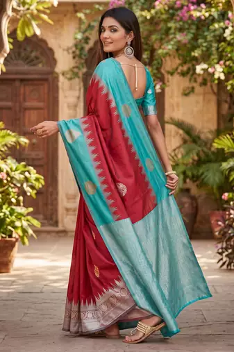 RAMA RED ART SILK JACUARD WORK SAREE WITH UNSTITCHED BLOUSE PIECE