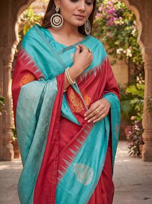 RAMA RED ART SILK JACUARD WORK SAREE WITH UNSTITCHED BLOUSE PIECE 4