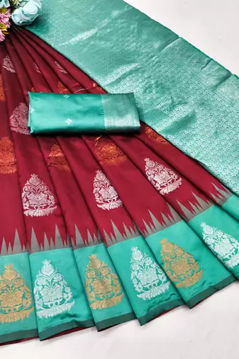 RAMA RED ART SILK JACUARD WORK SAREE WITH UNSTITCHED BLOUSE PIECE