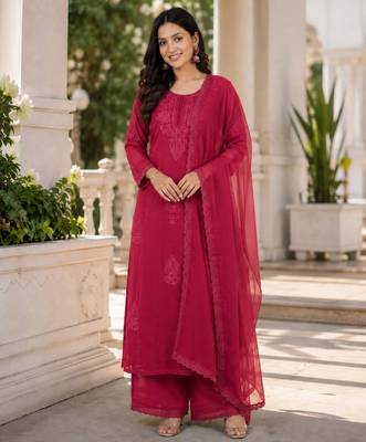 Red faux georgette embroidered palazzo set 1