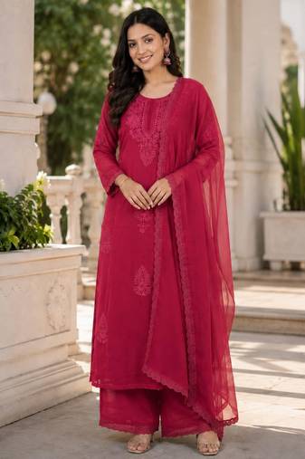 Red faux georgette embroidered palazzo set