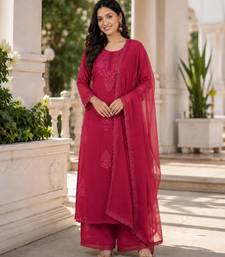 Red faux georgette embroidered palazzo set