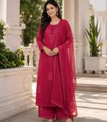 Red faux georgette embroidered palazzo set