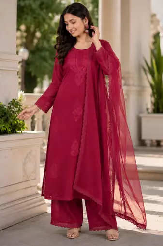 Red faux georgette embroidered palazzo set