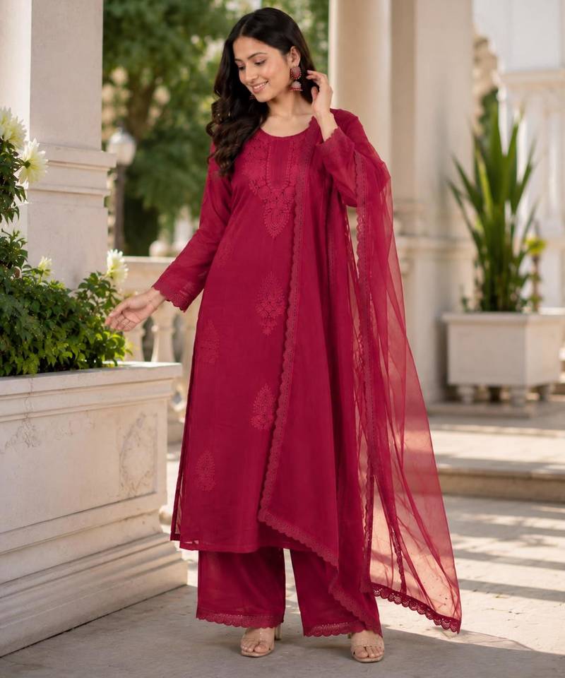 Red faux georgette embroidered palazzo set