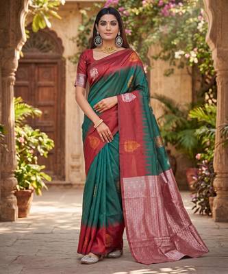 RED GREEN ART SILK JACUARD WORK SAREE WITH UNSTITCHED BLOUSE PIECE 1
