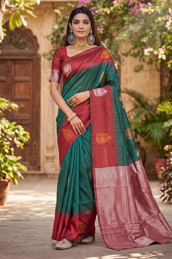 RED GREEN ART SILK JACUARD WORK SAREE WITH UNSTITCHED BLOUSE PIECE
