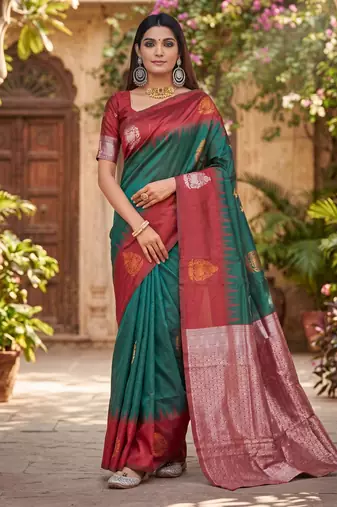 RED GREEN ART SILK JACUARD WORK SAREE WITH UNSTITCHED BLOUSE PIECE