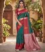 RED GREEN ART SILK JACUARD WORK SAREE WITH UNSTITCHED BLOUSE PIECE