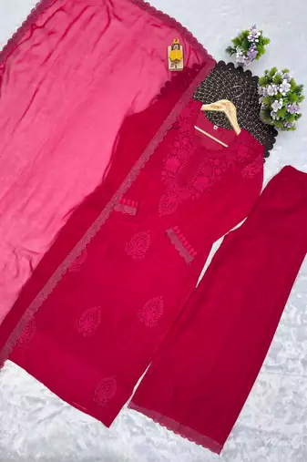 Red faux georgette embroidered palazzo set