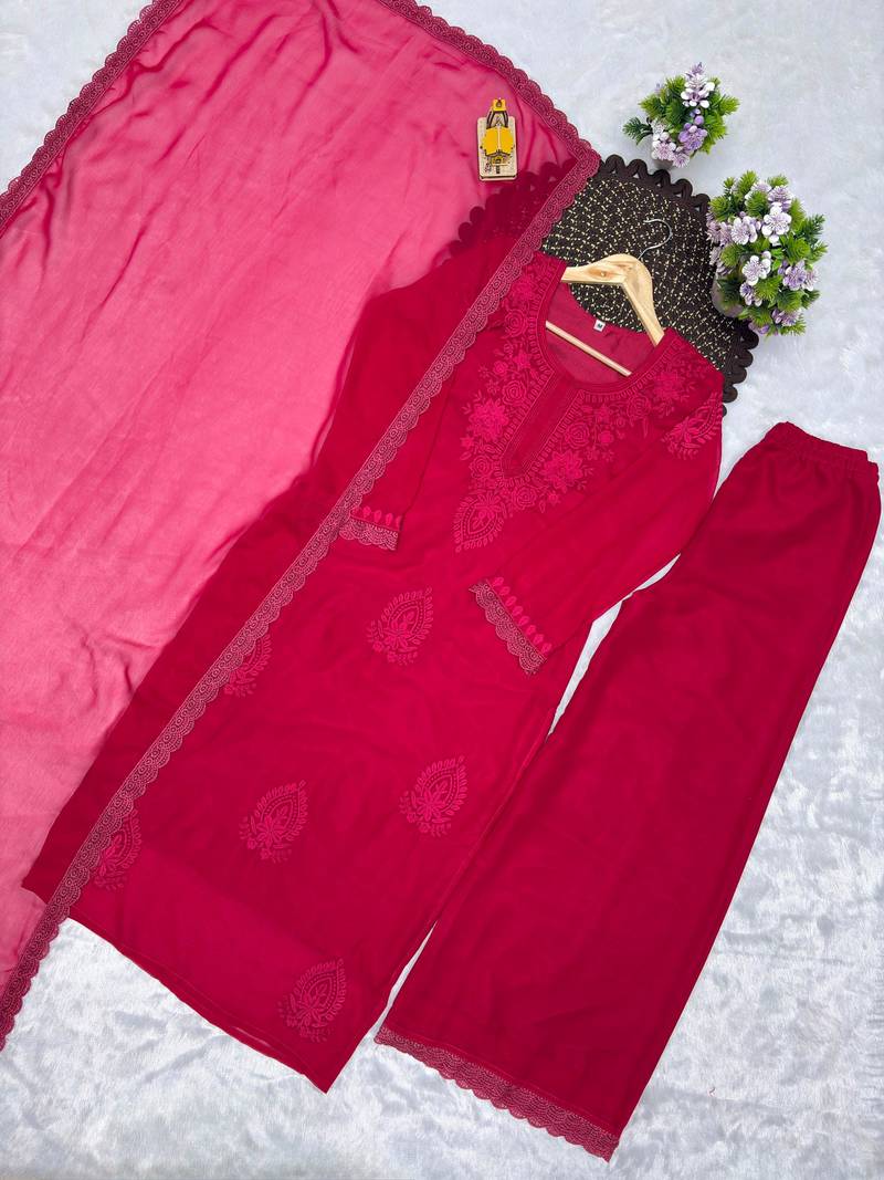 Red faux georgette embroidered palazzo set